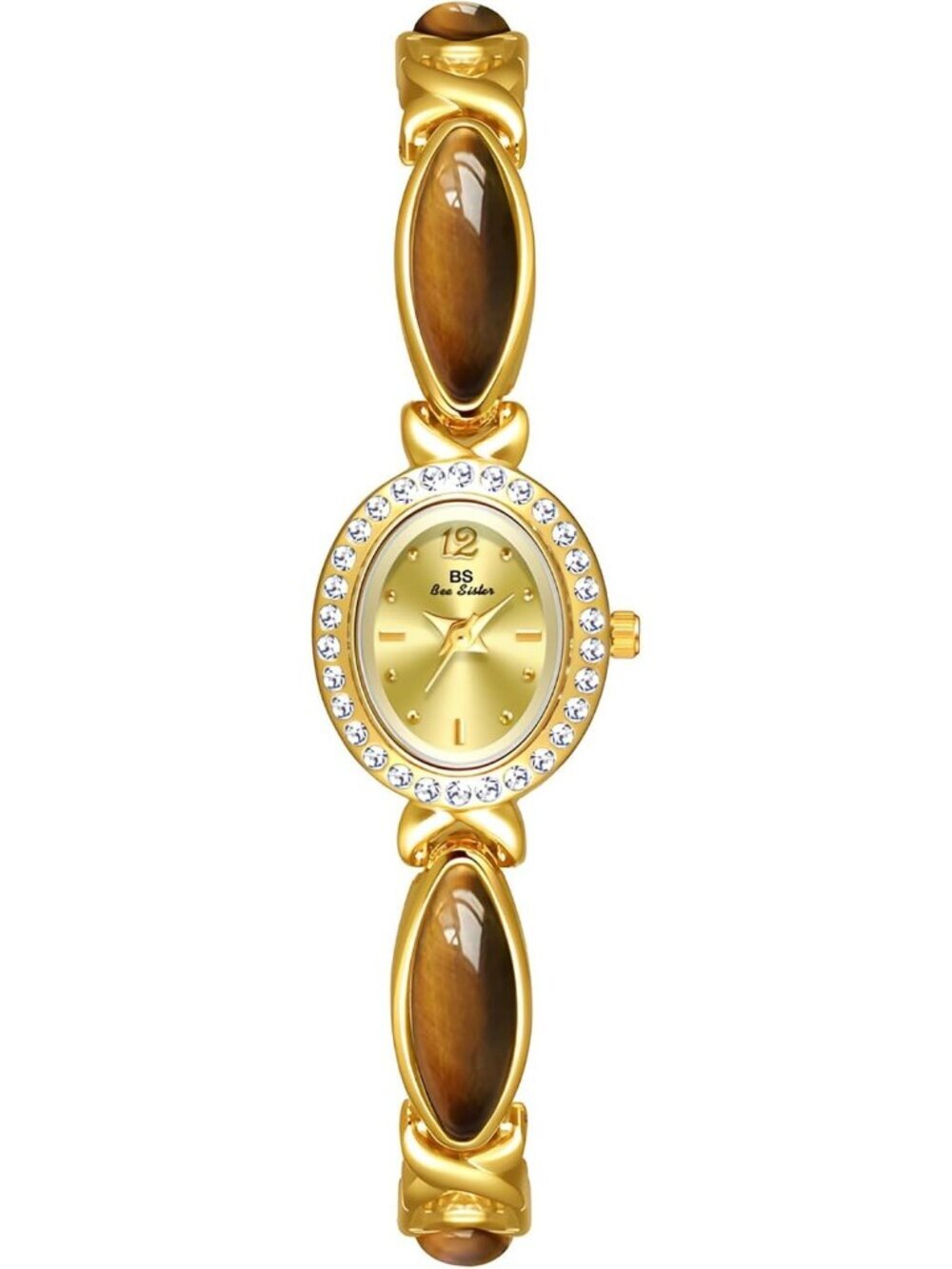 Women Diamond Brown Gold Analog Quartz Oval Dainty Vintage Bracelet Luxury Watch